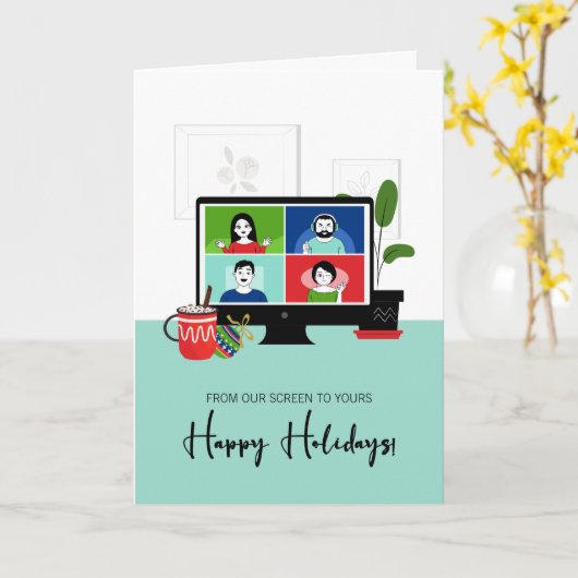 クリスマスのズームを私たちのスクリーンから君の休日 カード (黄色い花)