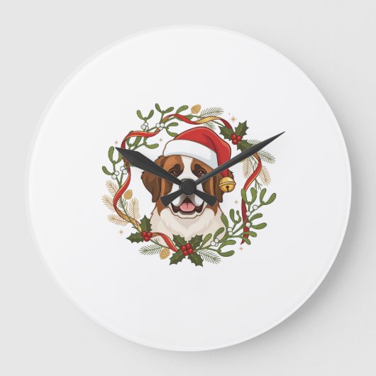 クリスマスのセントバーナード犬サンタ帽子リース ラージ壁時計 (正面)
