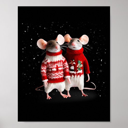 クリスマスのセーターで雪の写真撮影をするかわいいネズミたち ポスター (正面)