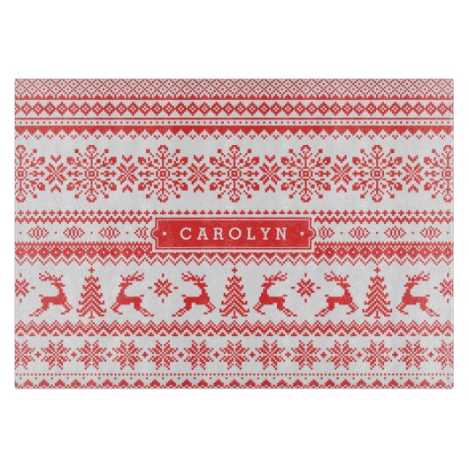 クリスマスのセーターの赤く公平な島パターンモノグラム カッティングボード (正面)