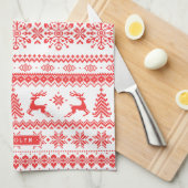 クリスマスのセーターの赤く公平な島パターンモノグラム キッチンタオル (四つ折り)