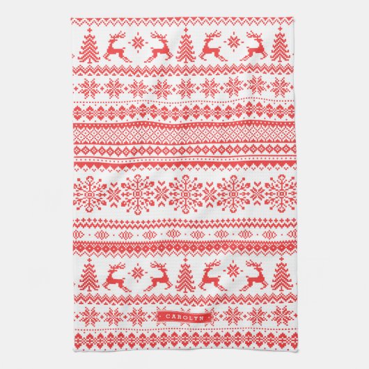 クリスマスのセーターの赤く公平な島パターンモノグラム キッチンタオル (縦)