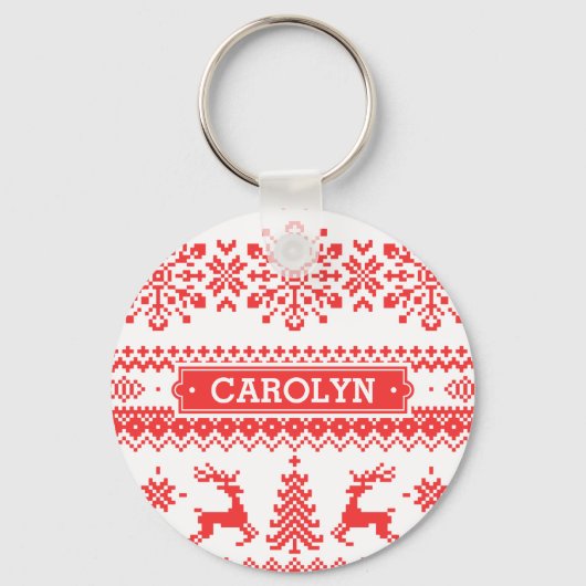 クリスマスのセーターの赤く公平な島パターンモノグラム キーホルダー (正面)
