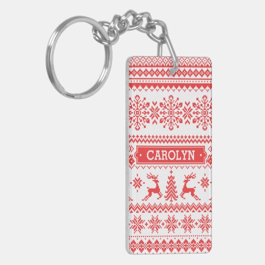 クリスマスのセーターの赤く公平な島パターンモノグラム キーホルダー (正面左)