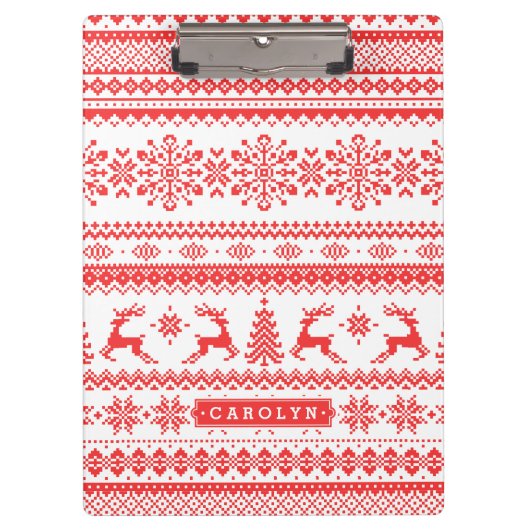 クリスマスのセーターの赤く公平な島パターンモノグラム クリップボード (正面)