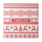 クリスマスのセーターの赤く公平な島パターンモノグラム タイル (正面)