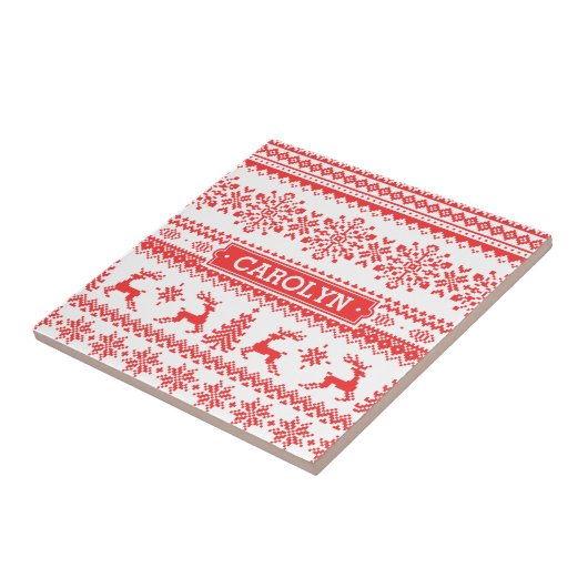 クリスマスのセーターの赤く公平な島パターンモノグラム タイル (側面)