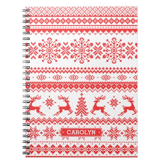 クリスマスのセーターの赤く公平な島パターンモノグラム ノートブック (正面)