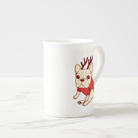 クリスマスのセーターの青いFrenchie ボーンチャイナマグカップ (正面右)