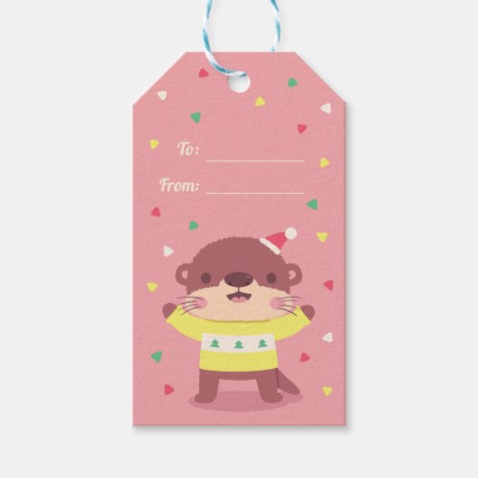 クリスマスのセーターを着たかわいいカワウソのホリデー ギフトタグ (正面)