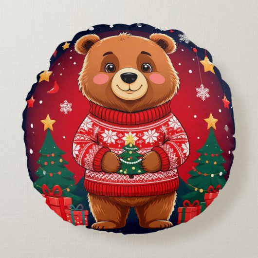 クリスマスのセーターを着たかわいいクマ ラウンドクッション (正面)