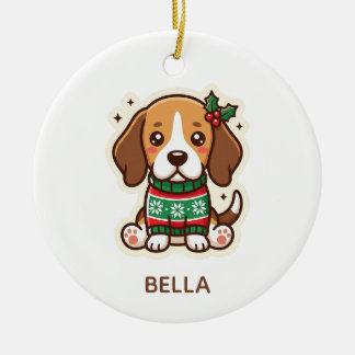 クリスマスのセーターを着たかわいいビーグル カワイイ犬のオーナメント セラミックオーナメント