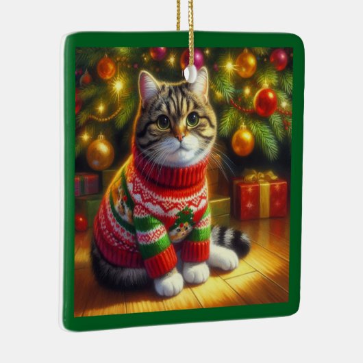 クリスマスのセーターを着たかわいい猫 セラミックオーナメント (右)