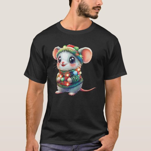 クリスマスのセーターを着た可愛いカラフルネズミ Tシャツ (正面)