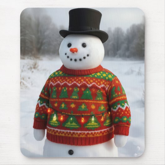 クリスマスのセーターを着た雪だるま マウスパッド (正面)