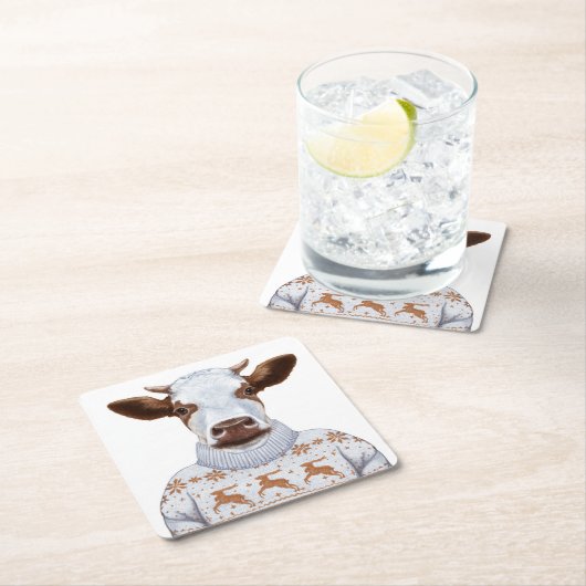 クリスマスのセーター牛 スクエアペーパーコースター (インサイチュ)