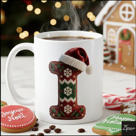 クリスマスのセーター風ニット文字 I サンタ帽子 コーヒーマグカップ