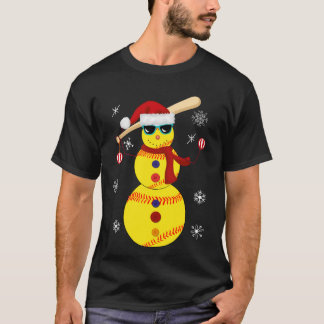 クリスマスのソフトボールの雪だるまのサンタの帽子のギフト Tシャツ