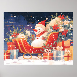 クリスマスのソリとプレゼントと雪だるま ポスター