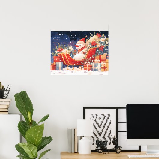 クリスマスのソリとプレゼントと雪だるま ポスター (ホームオフィス)