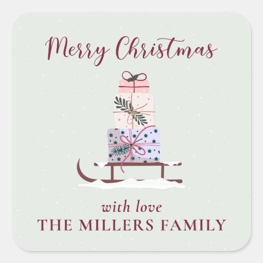 クリスマスのソリは贈り物でいっぱいで、緑が濃い スクエアシール (正面)