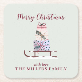 クリスマスのソリは贈り物でいっぱいで、緑が濃い スクエアペーパーコースター