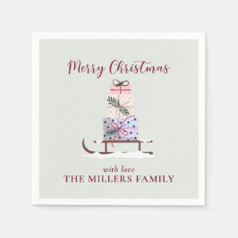 クリスマスのソリは贈り物でいっぱいで、緑が濃い スタンダードカクテルナプキン