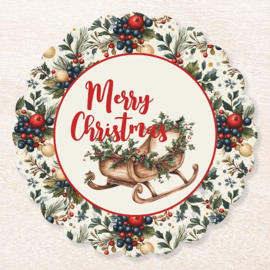 クリスマスのソリ遊び ペーパーコースター (正面)