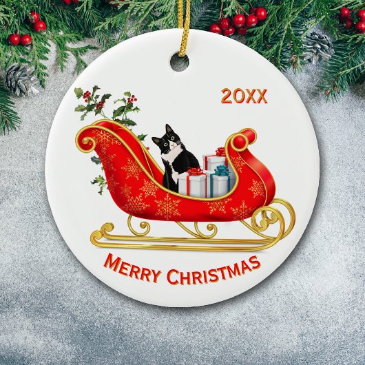 クリスマスのソリ 楽しい 黒白猫 セラミックオーナメント
