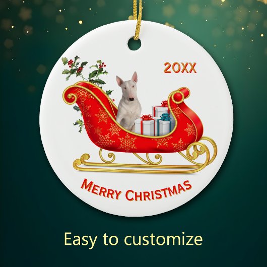 クリスマスのソリ 白いブルテリア セラミックオーナメント