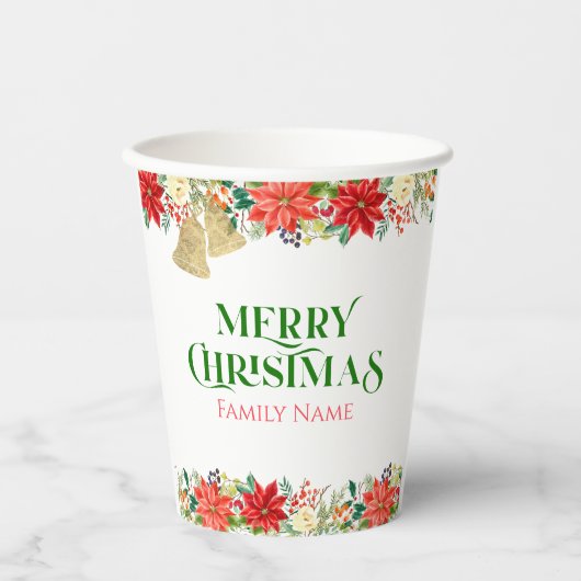 クリスマスのタイポグラフィとポインセチア 紙コップ (正面)