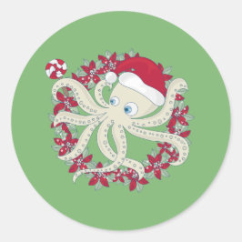 クリスマスのタコ サンタのリース ポインセチア オーシャン ラウンドシール