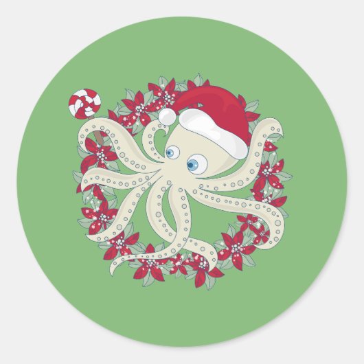 クリスマスのタコ サンタのリース ポインセチア オーシャン ラウンドシール (正面)
