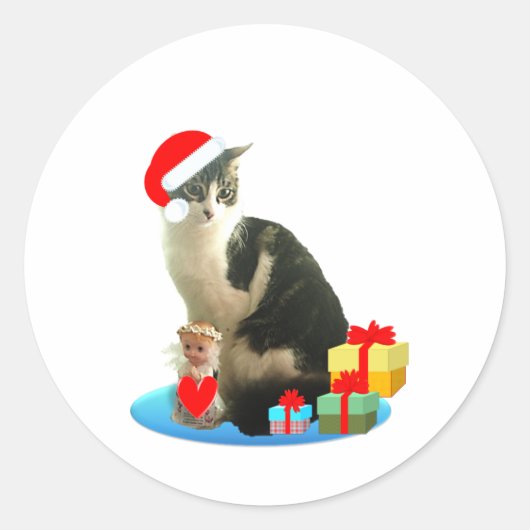 クリスマスのタビー猫とかわいい小さな天使 ラウンドシール (正面)