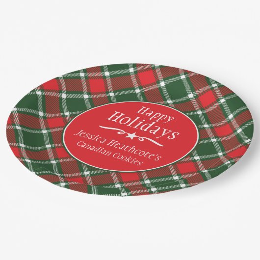 クリスマスのタータンチェックの名前のクッキー交換紙皿 ペーパープレート (アングル)