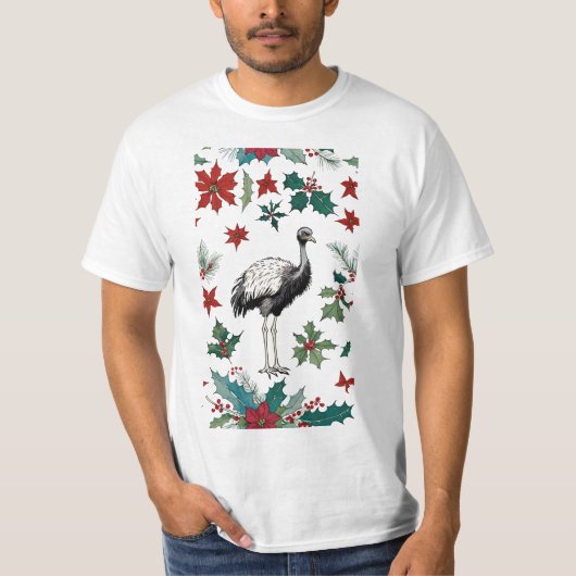 クリスマスのダチョウとポインセチア Tシャツ (正面)