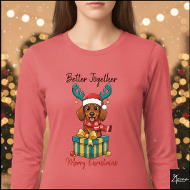 クリスマスのダックスフント+トナカイ+マフラーギフトグラフィック トライブレンドTシャツ