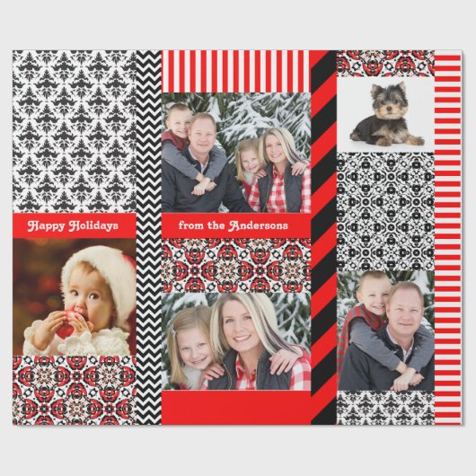 クリスマスのダマスク織カスタムな5つの大きい家族写真 ラッピングペーパー (フラット)