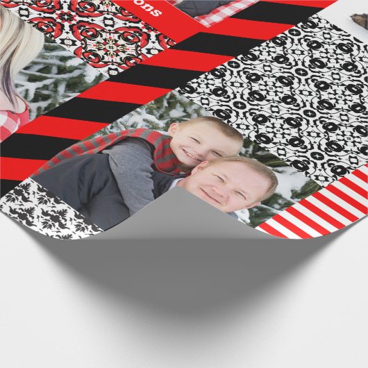 クリスマスのダマスク織カスタムな5つの大きい家族写真 ラッピングペーパー (角)
