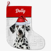 クリスマスのダルメシアン犬の名前入りウーフ背景 ラージクリスマスストッキング (正面)