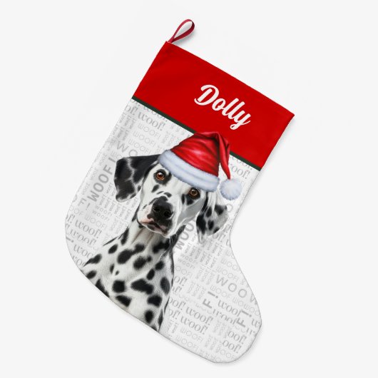 クリスマスのダルメシアン犬の名前入りウーフ背景 ラージクリスマスストッキング (正面 (吊り時))