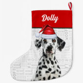 クリスマスのダルメシアン犬の名前入りウーフ背景 ラージクリスマスストッキング (裏面)
