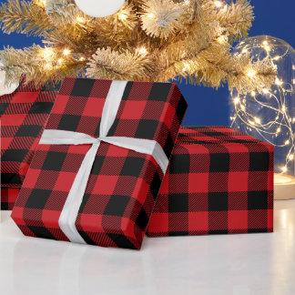 クリスマスのダークレッドとブラックのバファローチェック ラッピングペーパー