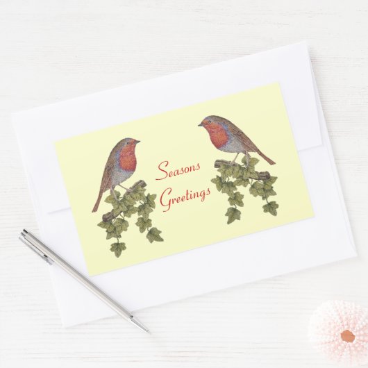 クリスマスのツタの葉と可愛いロビンの野生動物 長方形シール (封筒)