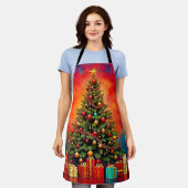 クリスマスのツリーとプレゼントのアート エプロン (着用した状態)