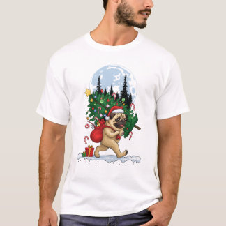 クリスマスのツリーとプレゼントを持ったキュートなパグ Tシャツ