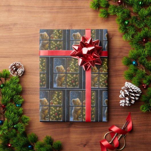 クリスマスのテディベアがツリーを飾る ラッピングペーパー (クリスマスギフト)