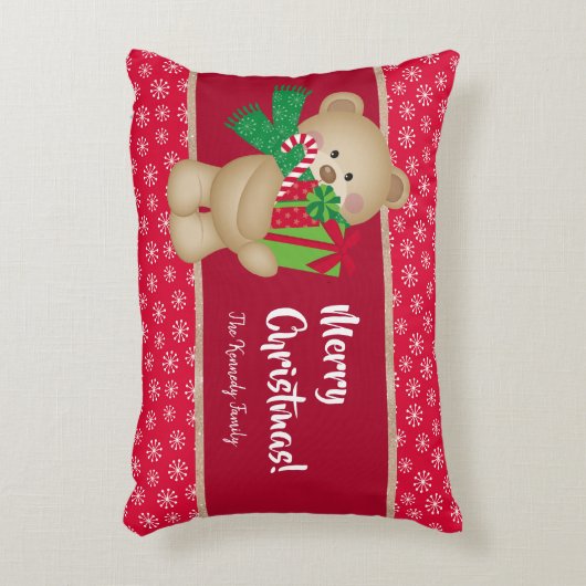 クリスマスのテディベアとプレゼントと雪の結晶、赤 アクセントクッション (正面(垂直))