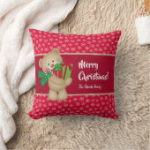 クリスマスのテディベアとプレゼントと雪の結晶、赤 クッション (ブランケット)