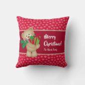 クリスマスのテディベアとプレゼントと雪の結晶、赤 クッション (裏面)